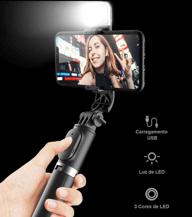 Insta Selfie™ 4 Em 1 - Tripé, Bastão de Selfie, Controle Bluetooth e Luz Integrada - ORIGINAL - Cloud Importados