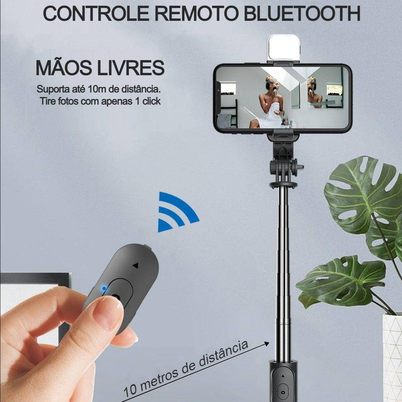 Insta Selfie™ 4 Em 1 - Tripé, Bastão de Selfie, Controle Bluetooth e Luz Integrada - ORIGINAL - Cloud Importados
